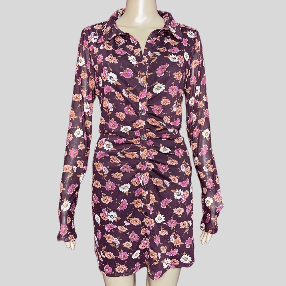La Mamba Live To Be Spoiled  Floral Long Sleeve Body Con Shirt Dress Size XL